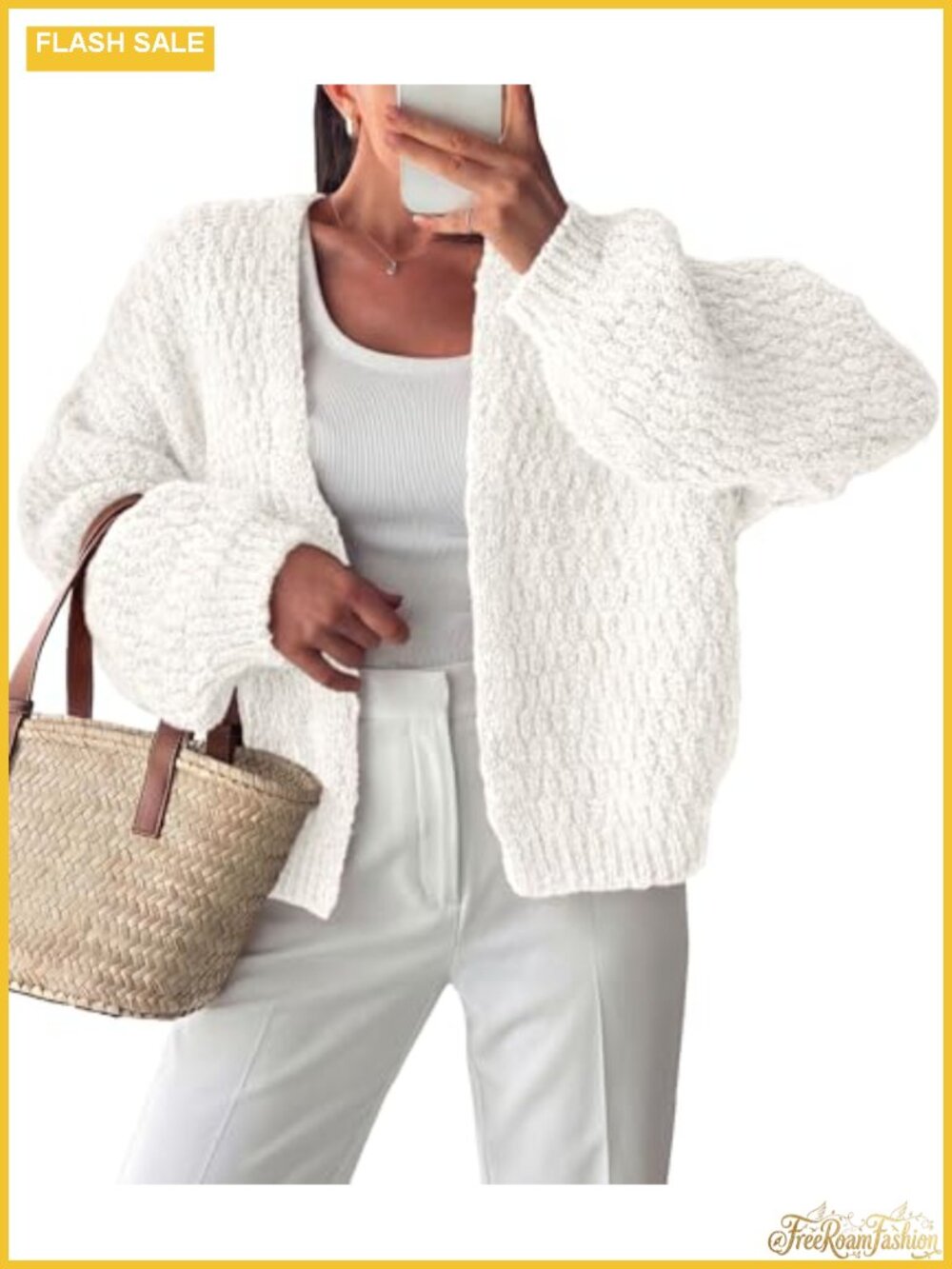 Women's Chunky Knit Open Front Cardigan Shawl Neck Lantern Sleeve